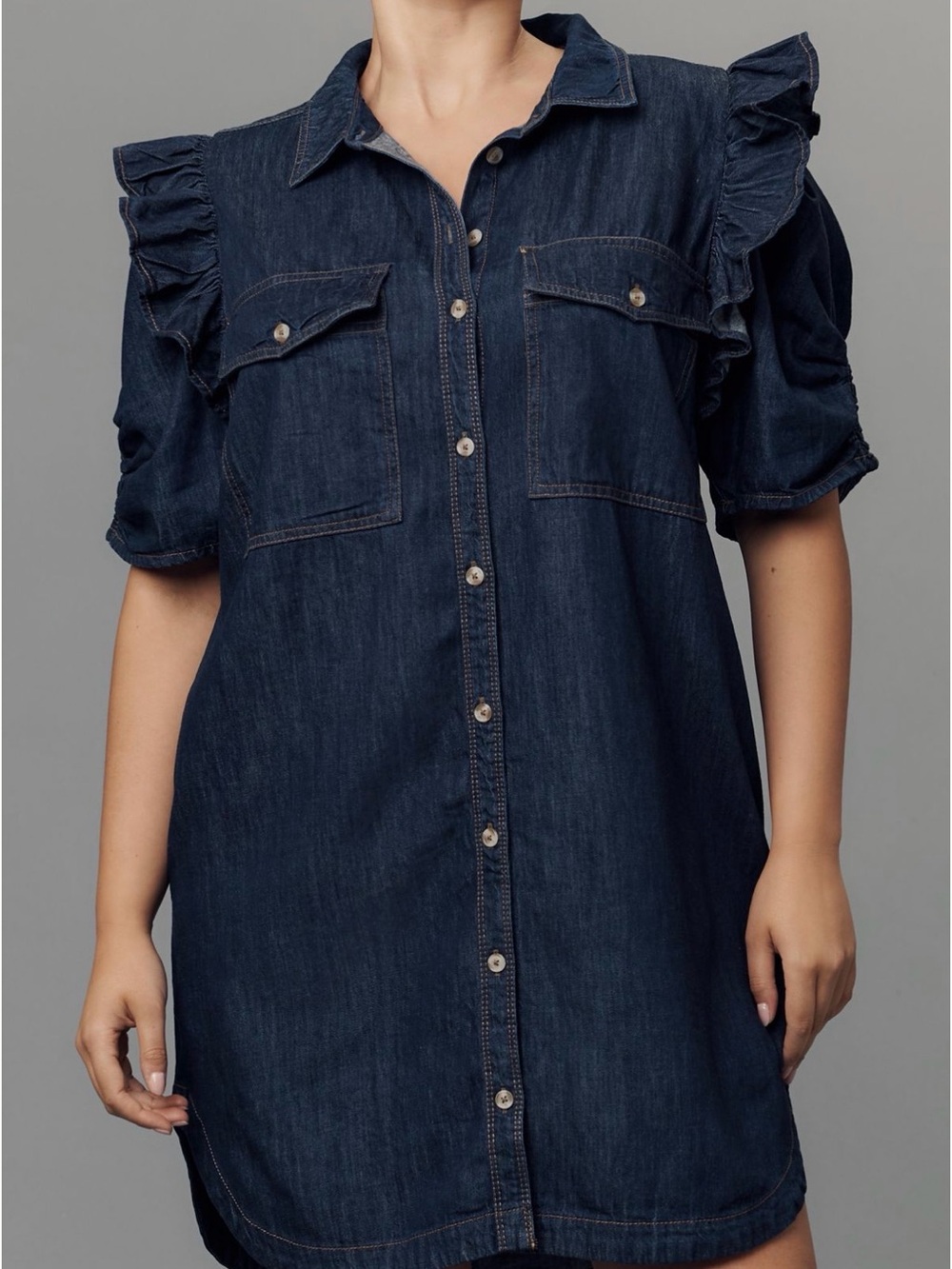Anthropologie Pilcro Dark Navy Denim Ruffle Sleeve Shirt Dress